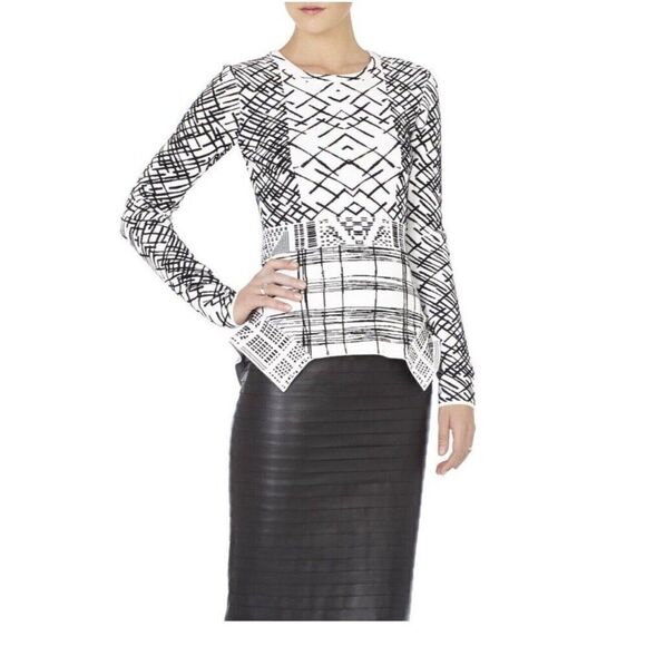 bcbg maxazria Black White Crew Neck Long Sleeve Sweater Top Xxs - Picture 1 of 8